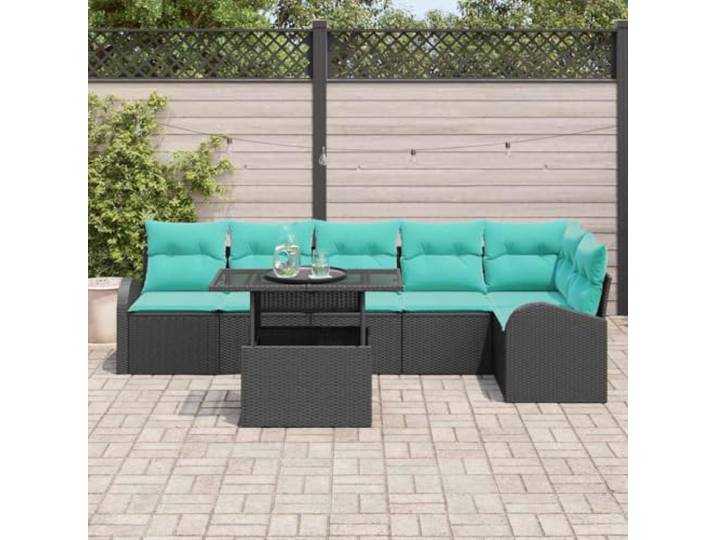 KTHLBRH Gartenmöbel-Set, 7-teilig, schwarz, Poly-Rattan Modular mit Kissen, Beistelltisch aus Glas, wetterfest, für Terrasse