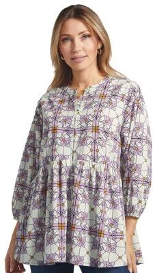 Masseys Tuscany Woven Tunic (Size Large) Lilac/Cream Mosaic, Cotton
