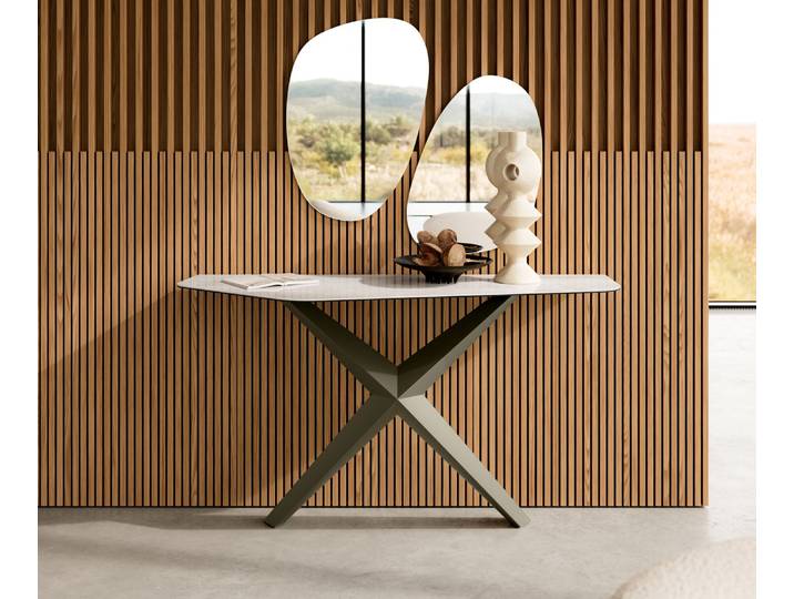Konsolentisch Edge Polygonal 140x50 cm Keramik Onyx Champagne Zentharo Metall Effektfinish Titan, Konsolentische