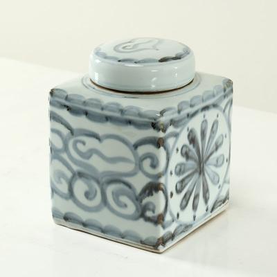 Artissance Approx.8 Inches Subtle Blue and White Square Jar with Floral Motif
