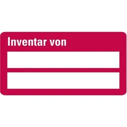 Inventaretikett Inventar von, zweizeilig, rot, Dokumentenfolie, 60x30mm, 9/Bogen
