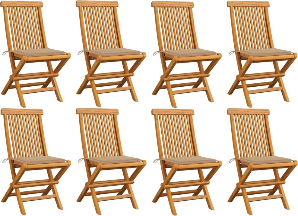 Klappstühle mit beigen Kissen, 8-teilig, Massivholz Teakholz