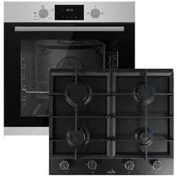 Gasline Einbauherdset GB850-FIX mit Gas Einbaubackofen+Einbau Gaskochfeld,4 flammig, GAG60INB Schwarz Matt, Sabaf-Brenner