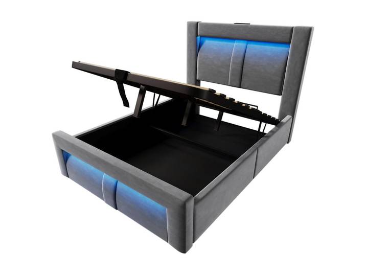 Oxeza Polsterbett 90/200 cm Grau mit Stauraum, LED-Beleuchtung, USB und Type-C-Ladeanschlüsse, Mode, Rechteckig, 90x200 cm, Schlafzimmer, Betten, Polsterbetten