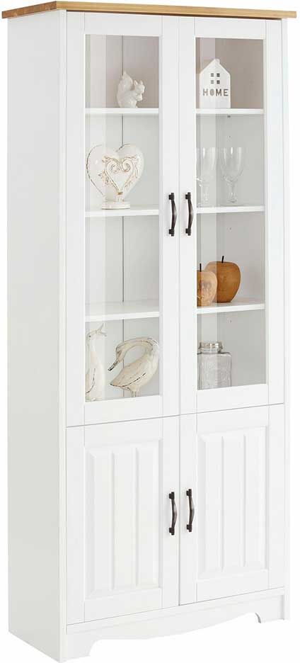 Pharao24.de Landhaus Vitrinenschrank in Weiß und Kiefer Honigfarben 85 cm breit