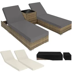 tectake Aluminium Rattan Sonnenliegen Set Nautica - 2er Set mit Tisch - Beige/Grau Verstellbar