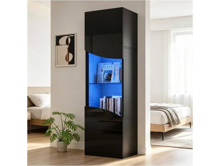 Vitrine Avec éclairage LED En panneaux de particules Noir 35*50*165cm Armoire vitrine de salon Avec espace de rangement