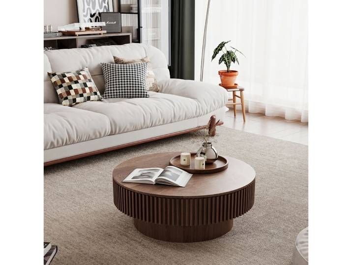 ULEVR Table basse ronde 75 cm avec rangement caché design moderne cannelé coloris noyer MDF et placage bois
