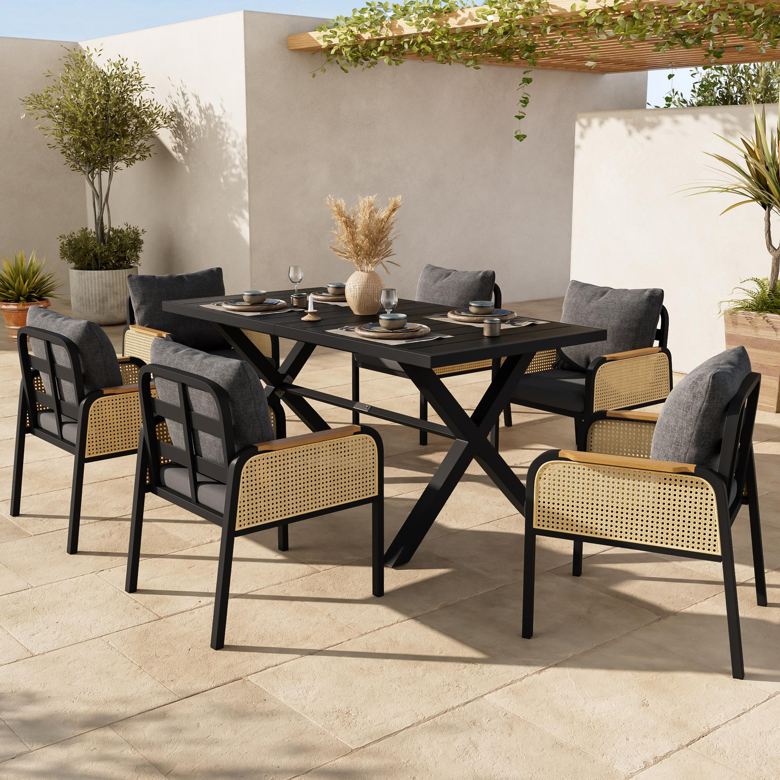 Flieks Rieten loungeset voor in de tuin, 7-delig, zwart met tafel, 6 stoelen en kussens