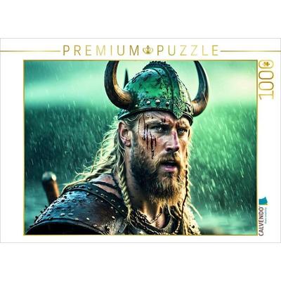 CALVENDO Puzzle Vom Kampf gezeichneter Wikinger mit gehörntem Helm im Schein des Nordlichts | 1000 Teile Lege-Größe 64x48cm Foto-Puzzle für glückliche