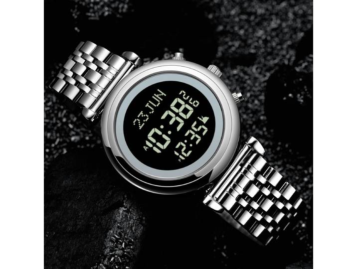 Montre Azan AL-SAHAR pour femme avec Qibla automatique, rétroéclairage, calendrier Hijri, multilingue, or rose, montre-bracelet musulmane