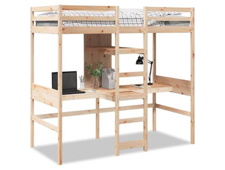 PUGYNBK Hochbett für Einzelbett, massives Kiefernholz, 75 x 190 cm Mit Leiter und Geländer, zwei Schreibtische, Regale, Lattenrost inklusive