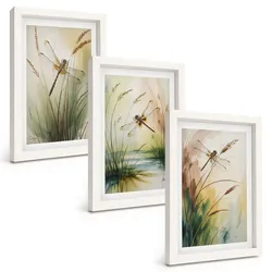 BILDER SET 3er Set - 20x30 cm Weißer Rahmen - Libellen im Gras, Wassermalerei