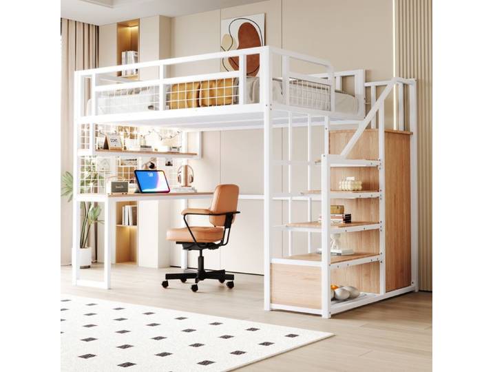 Lit mezzanine multifonction - MERAX - Multifonction - 140x200 cm - Escalier avec rangements - Bureau et penderie intégrée