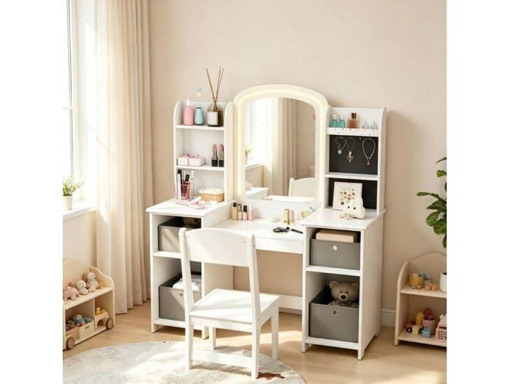 MEULVA Coiffeuse enfant blanche en MDF avec miroir LED chaise et rangements 3 à 8 ans