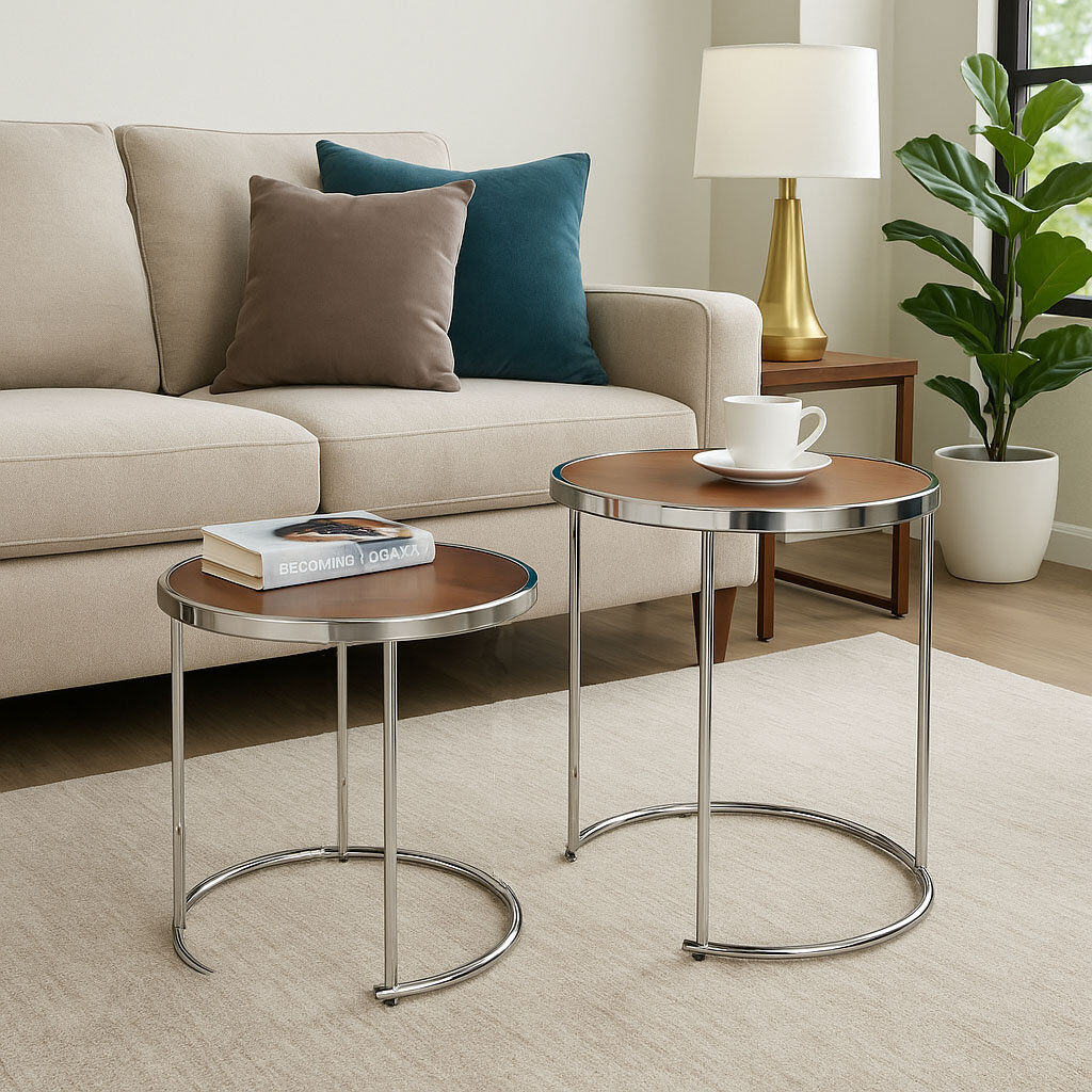 Canora Grey Middlewich Glass Top Frame Nesting Tables Silver/Walnut Wood 50cm H X 49cm W X 70cm D