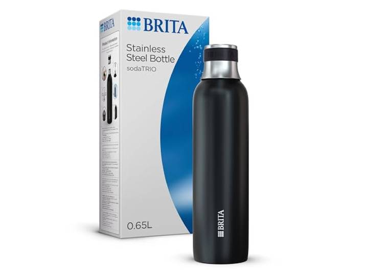 BRITA bouteille isotherme en acier inoxydable pour système sodaTRIO (650ml) Noir Gourde isotherme avec bouchon en silicone antidérapant y isolation à double paroi en acier inoxydable thermolaqué