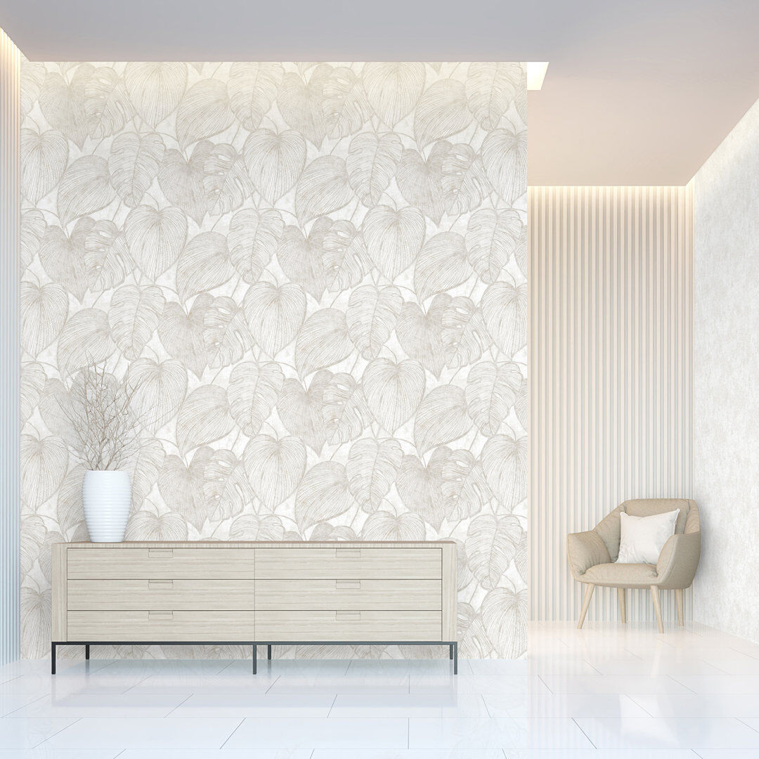 Marlow Home Co. Thaler Large Shimmery Monstera Leaf 8.5m x 70cm Wallpaper Roll Beige/Cream