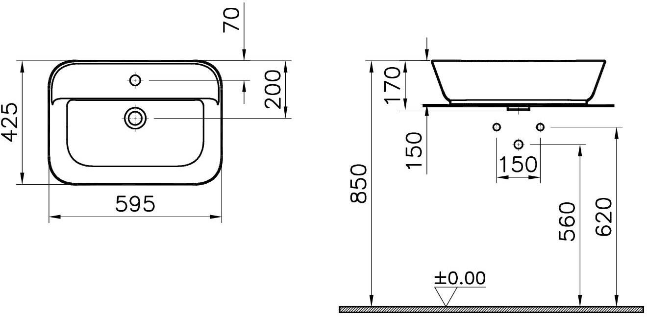 VitrA Options Geo Aufsatzwaschtisch 59,5 x 42,5 cm ohne Überlaufloch