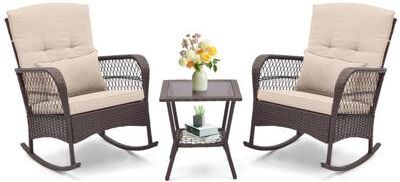 Costway 3 Pieces Rocking Bistro Set with 2-Tier Coffee Table-Brown