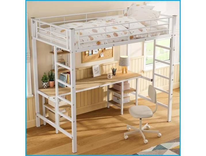 Lit à étage en métal avec bureau et étagères - Pour enfants/adolescents - Barrière de sécurité - 90x200 cm - Blanc