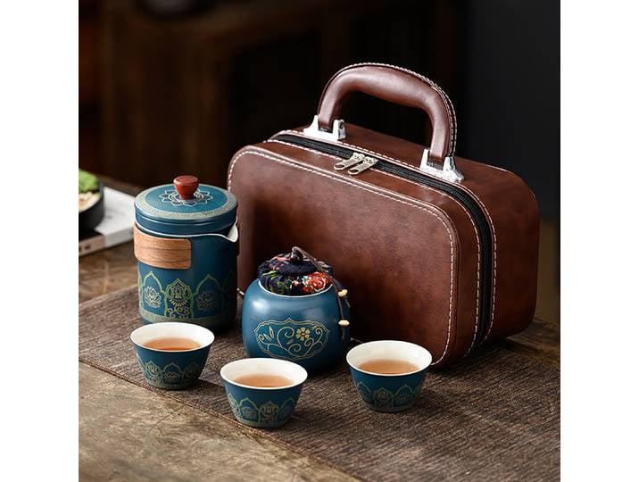 Service à thé de voyage, service à thé Kung Fu Portable, théière en céramique, boîte à thé, tasse rapide en plein air, boîte à thé, emballage de sac en cuir