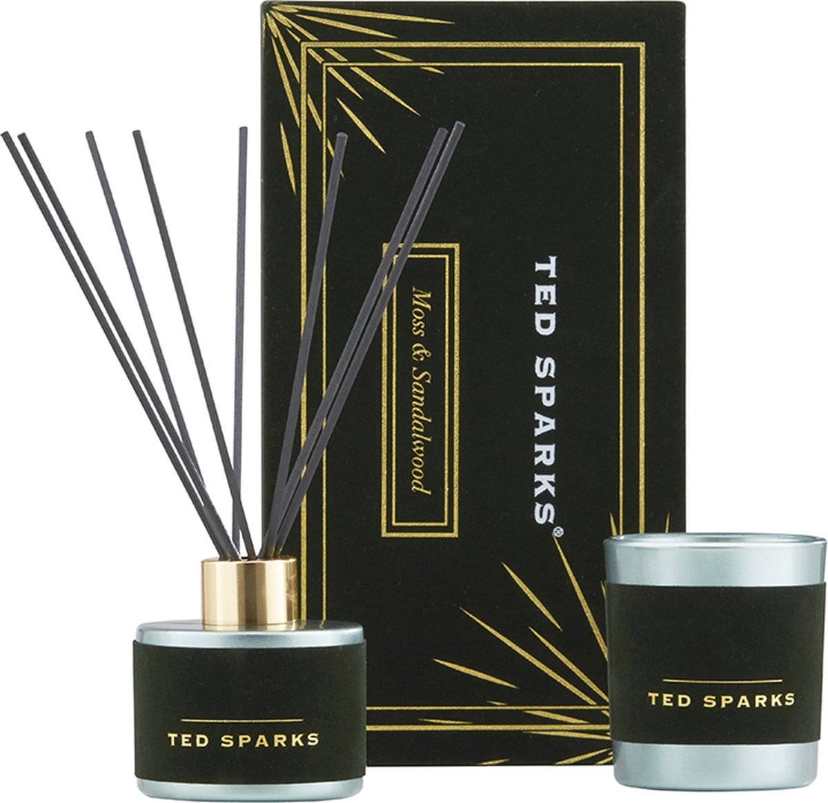 Ted Sparks Velvet Collection Gift Box - Geurkaars en Geurstokjes Diffuser - Moss & Sandalwood