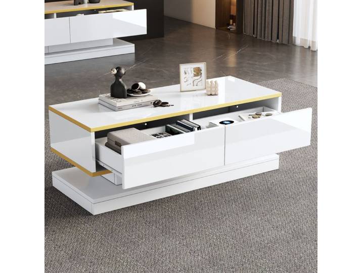 Table basse SENVIRO de salon silhouette affinée finition laquée 100x50x38cm blanc chaud et liseré or