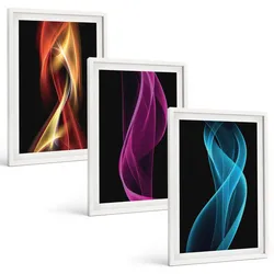 BILDER SET 3er Set - 40x60 cm Weißer Rahmen - Neonwellenlinien auf dunklem Hintergrund