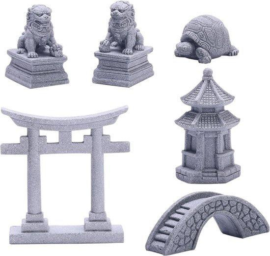 Mini Zen Tuin Accessoires Set van 6 Delen met Brug, Poortjes en Beelden voor Japanse Decoratie en Meditatie