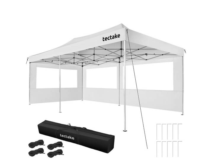 tectake Faltpavillon aus Aluminium Viola, inklusive Spannseilen, Heringen und Tragetasche, weiß, Weiß, Kunststoff, Rechteckig, 300x316x600 cm, Sonnenschutz, Pavillons