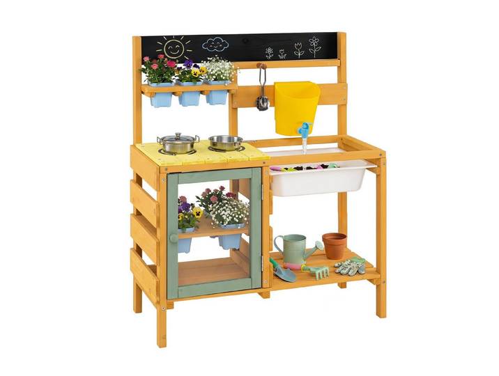 COSTWAY Outdoor-Spielküche Tannenholz, Acryl, Matschküche Kinder Outdoor, Spielküche Holz, Natur