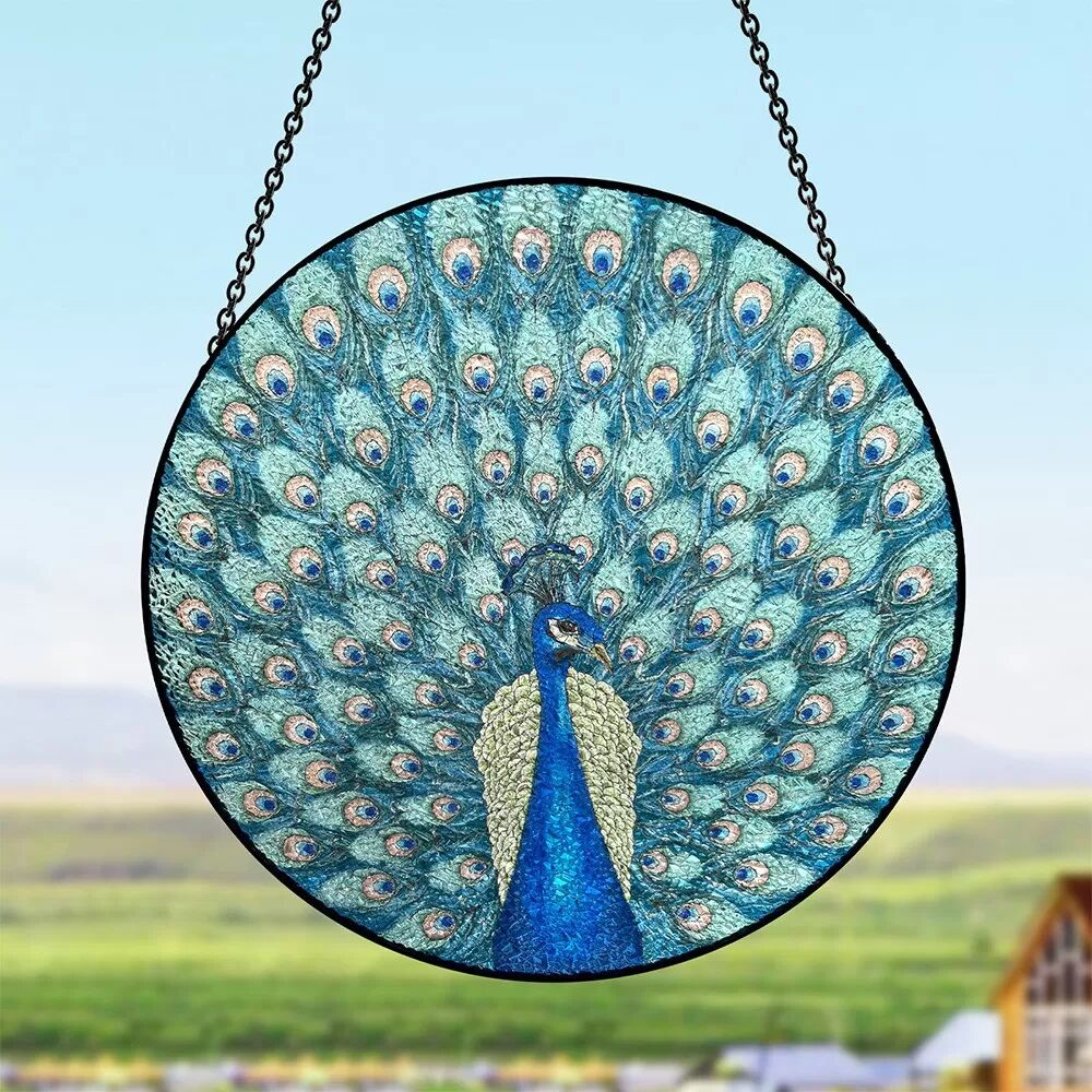 INF Ornement de fenêtre en verre coloré - Design Paon M