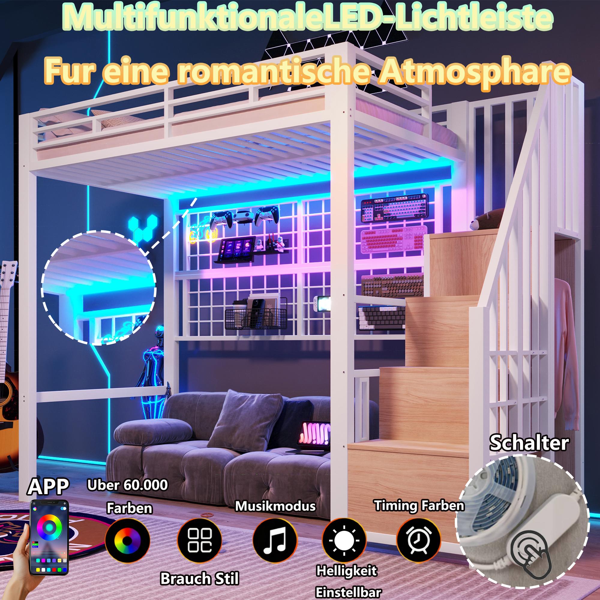 Hochbett 90x200cm mit Kleiderschrank und Stauraumleiter, Ausgestattet mit LED-Leuchten, Metallbettgestell, Weiß