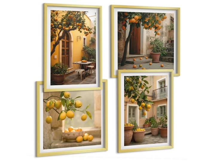 BILDER SET 4er Set - 50x50 cm & 40x60 cm Goldrahmen - Zitrusgarten in der Sonne