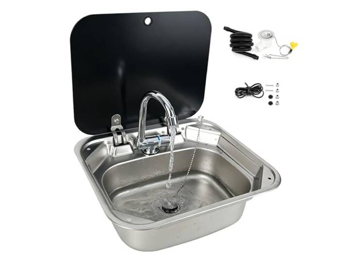 WOTZOV Wohnmobil-Küchenspüle, Wohnmobil-Spüle, faltbarer Wasserhahn, verdeckte Abdeckung, 304 Edelstahl, für Wohnmobile, Wohnwagen, Boote und Bars, Silber