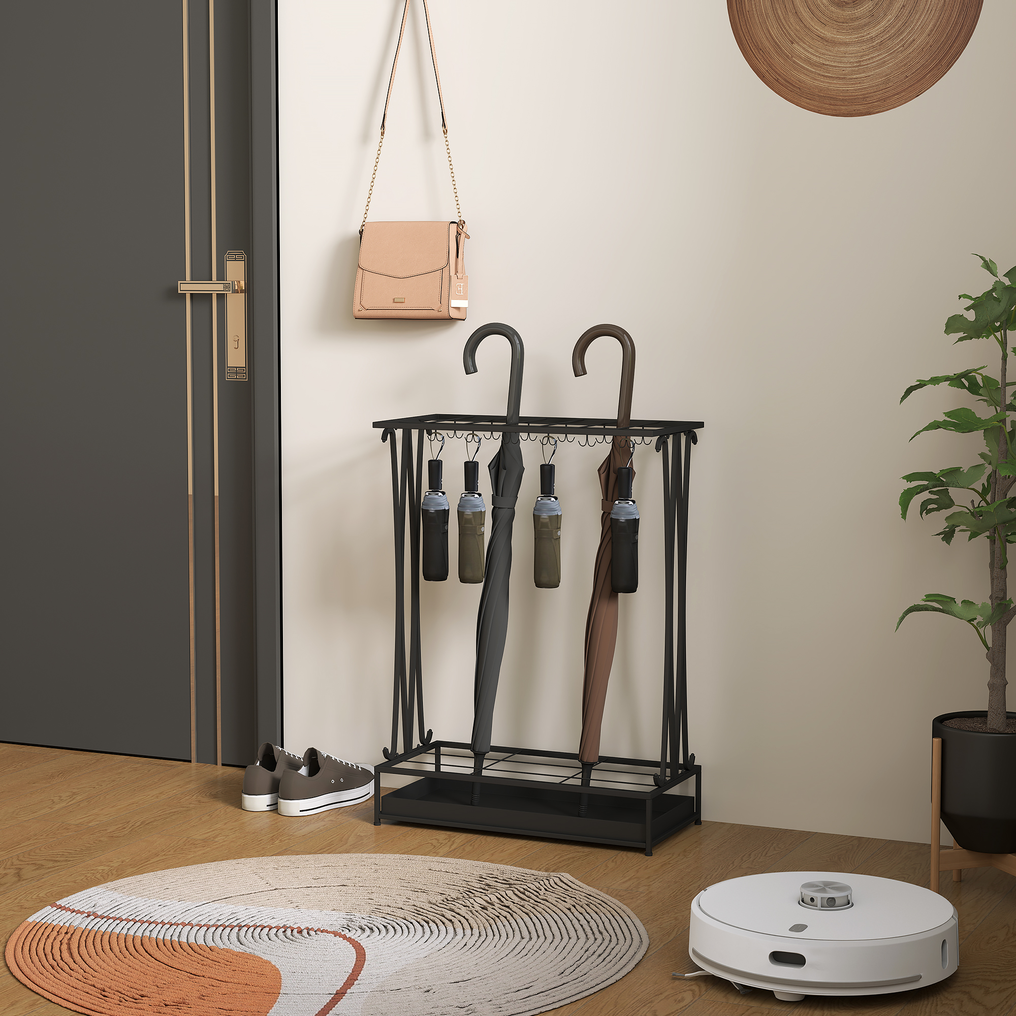 Homcom Portaombrelli con Vaschetta per l'Acqua, 21 Fori e 24 Ganci per Ombrello, in Acciaio, 50x24x68 cm, Nero
