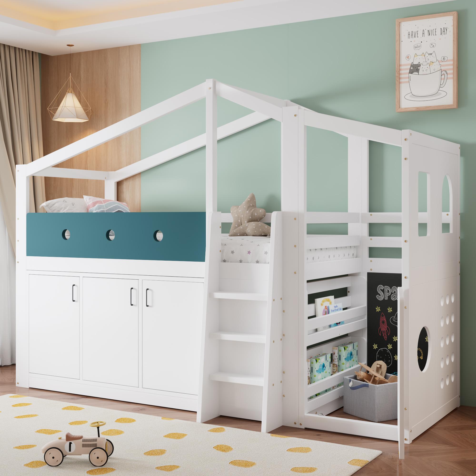 Flieks Etagenbett 90x200cm mit Schrank, Kinderbett Hausbett mit Tafel, Hochbett mit Leiter und Lattenrost, Holzbett Stockbett mit Spielbereich, Weiß