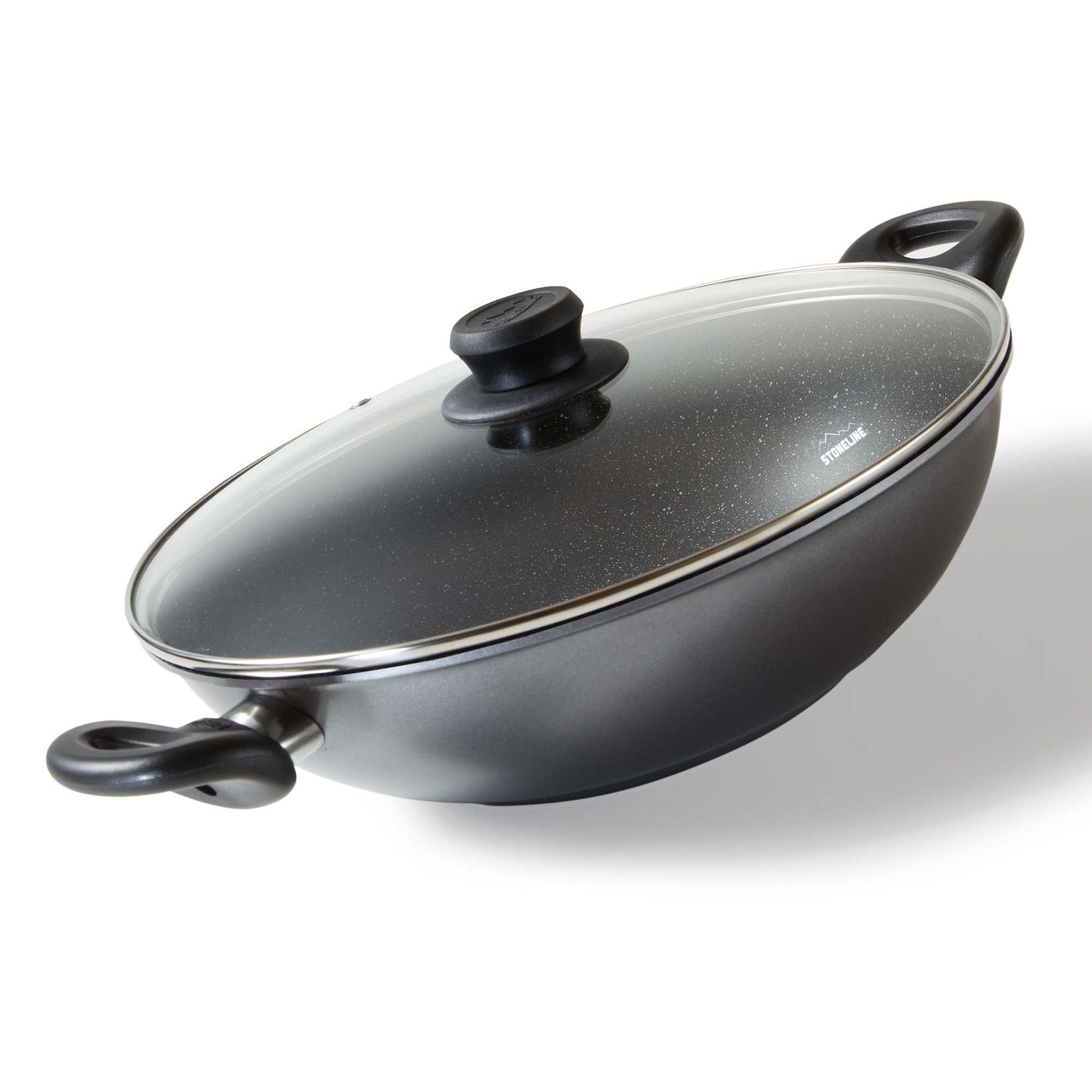 Stoneline Wok 28cm, mit Deckel, Aluguss, Wok Pfanne beschichtet mit echten Steinpartikeln, grau, ohne Fett oder Öl kochen und braten, großer Wok Induktion