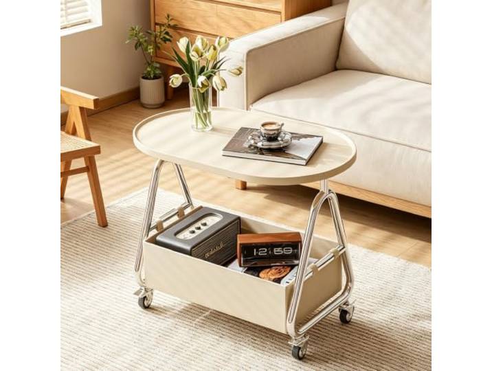 EBOYNSowAprr Designer gebogener ovaler mobiler Beistelltisch Couchtisch Handgefertigte mehrschichtige Massivholzplatte, Massivholzplatte & luxuriöser kratzfester Lederrahmen(White)