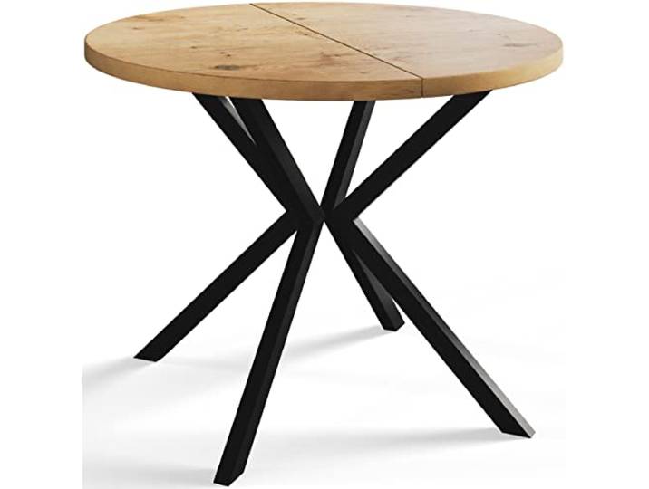 Esszimmertisch Ausziehbarer 120-200cm, Hellbraun, Schwarze Metallbeine Runder Tisch Loft Liten, Wohnzimmertisch, Küchentisch und Esszimmertisch