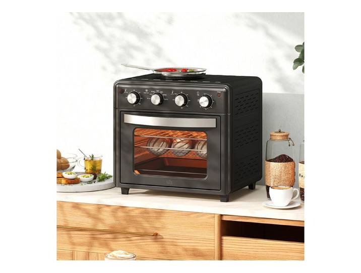 HOMCOM Minibackofen Backofen 10 L 750W 100-230℃ mit Backblech Pizza-Ofen, zum Grillen, Backen, Toasten, Schwarz