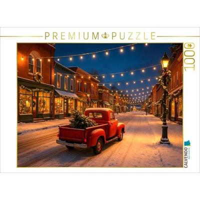 CALVENDO Puzzle Weihnachten in Amerika - Magie im Lichterglanz. Ein roter Pickup, Schnee und festliche Straßenromantik | 1000 Teile Lege-Größe 64x48cm