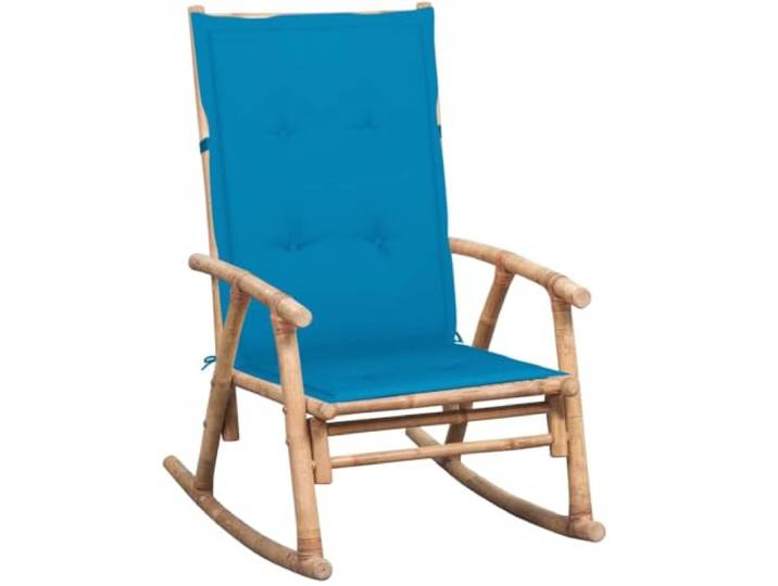 Coespram Schaukelstuhl aus Bambus mit Blauem Kissen Gartensessel Ergonomischer Bambusstuhl mit weicher Sitzauflage für Terrasse, Balkon und Wohnzimmer. Belastbar bis 110 kg.