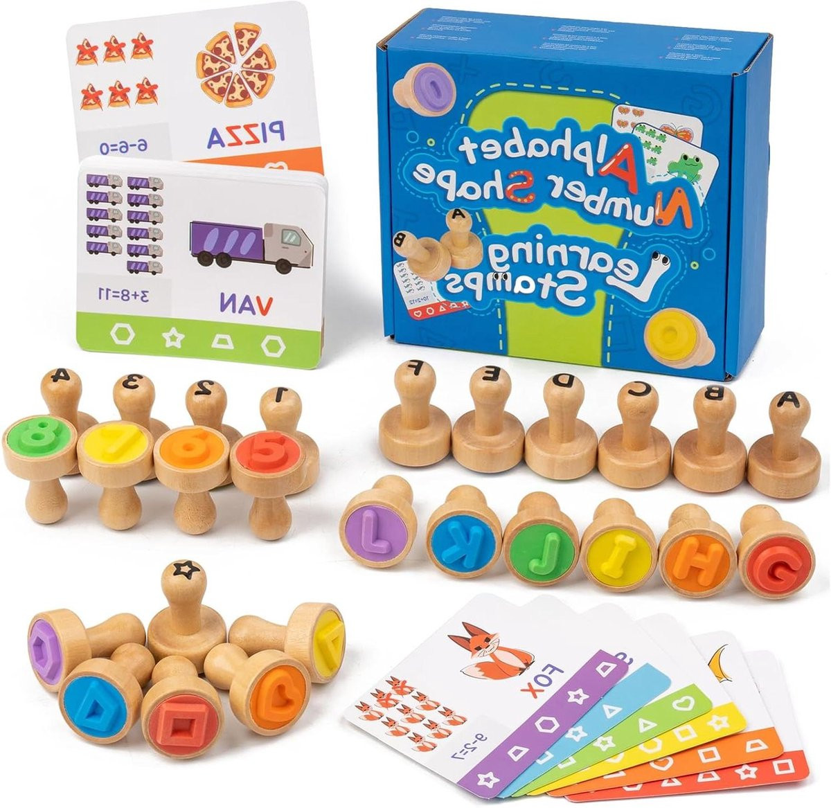 Alfabet en cijferstempels houten stempelset voor kinderen inclusief leerkaarten meerkleurig