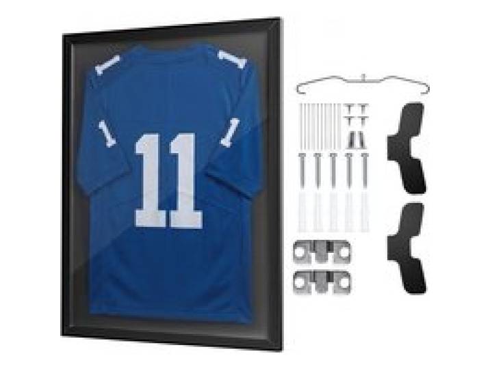 VEVOR Cadre Maillot Foot 60x80 cm Cadre Vitrine Maillot de Football Rugby Basketball Hockey Baseball de Collection, Structure en Bois, avec Panneau en Polycarbonate Protection UV 98 %, Cintre, Noir