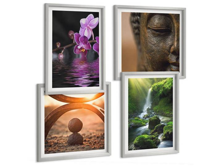 Tulup Bilder SET 4er Set - 50x50 cm & 40x60 cm Silberner Rahmen - Blumen im Wasser des Buddha-Wasserfalls, Silberfarben, Kunststoff, Rechteckig, 50x50 cm, gerahmt, Bilder & Rahmen, Bilder