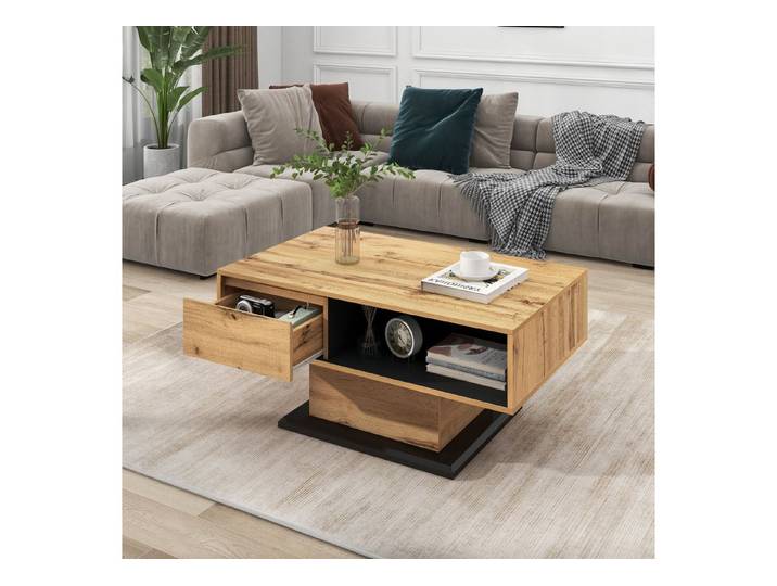 Fine Life Pro Couchtisch Couchtisch, Holzmaserung, grifflose Schublade, doppelseitig, Großer Stauraum, Sofatisch für Wohnzimmer & Büro, praktisch & modern