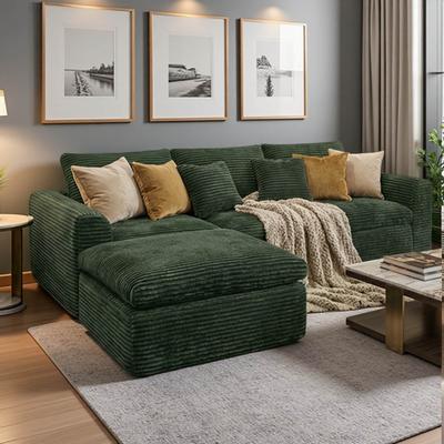 "108"" Corduroy High-Resilience Boneless Sectional Sofa with Double-Layer Cloud Cushions and No Installation Required"
