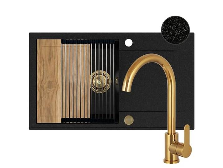 SINK QUALITY Granitspüle schwarz mit goldenen Flecken 78x46 cm - Spüle mit Wasserhahn, Schneidebrett, goldenen Siphon, Abtropfgestell, Imprägniermittel - Küchenspüle Set für 60er Unterschrank